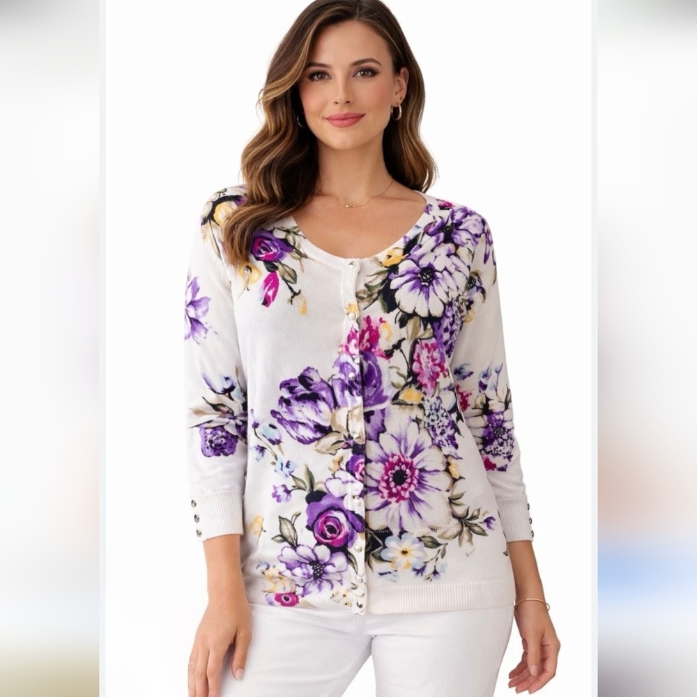 White House Black Market Women's Cardigan Sweater Easter Floral Fairy Elegant XL